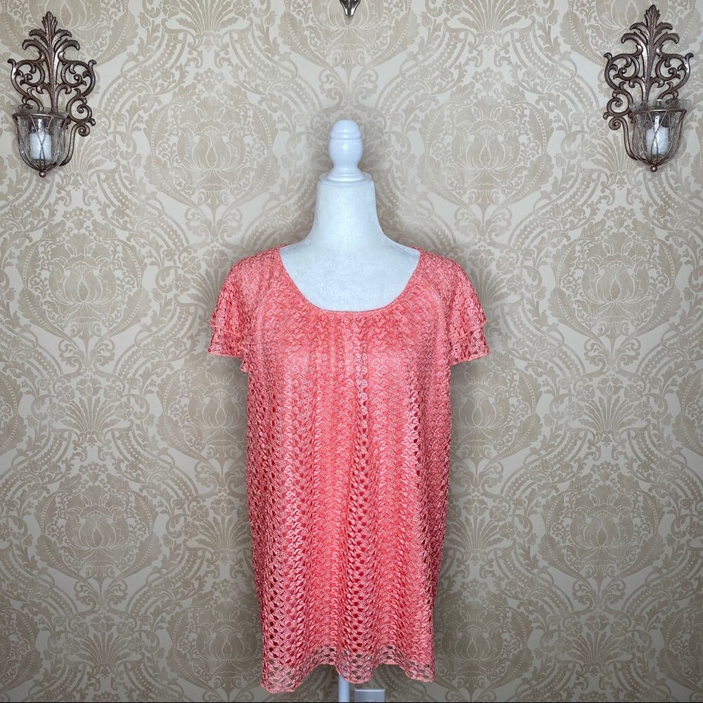 Indigo Soul Lace Overlay Short  Sleeve Blouse